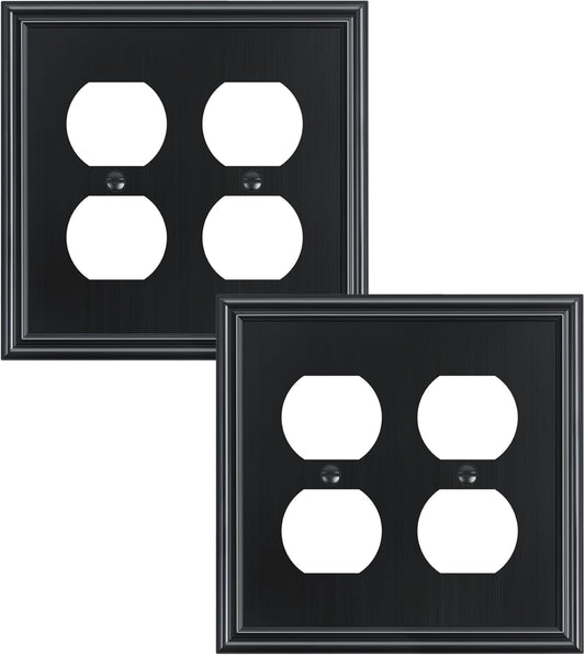 2-Pack Double Duplex Outlet Cover, Black Decorative Switch Plates and Outlet Covers for Electrical Outlets, Durable Zinc Alloy Wall Plates, 2 Gang Receptacle Cover, Corrosion Resistant