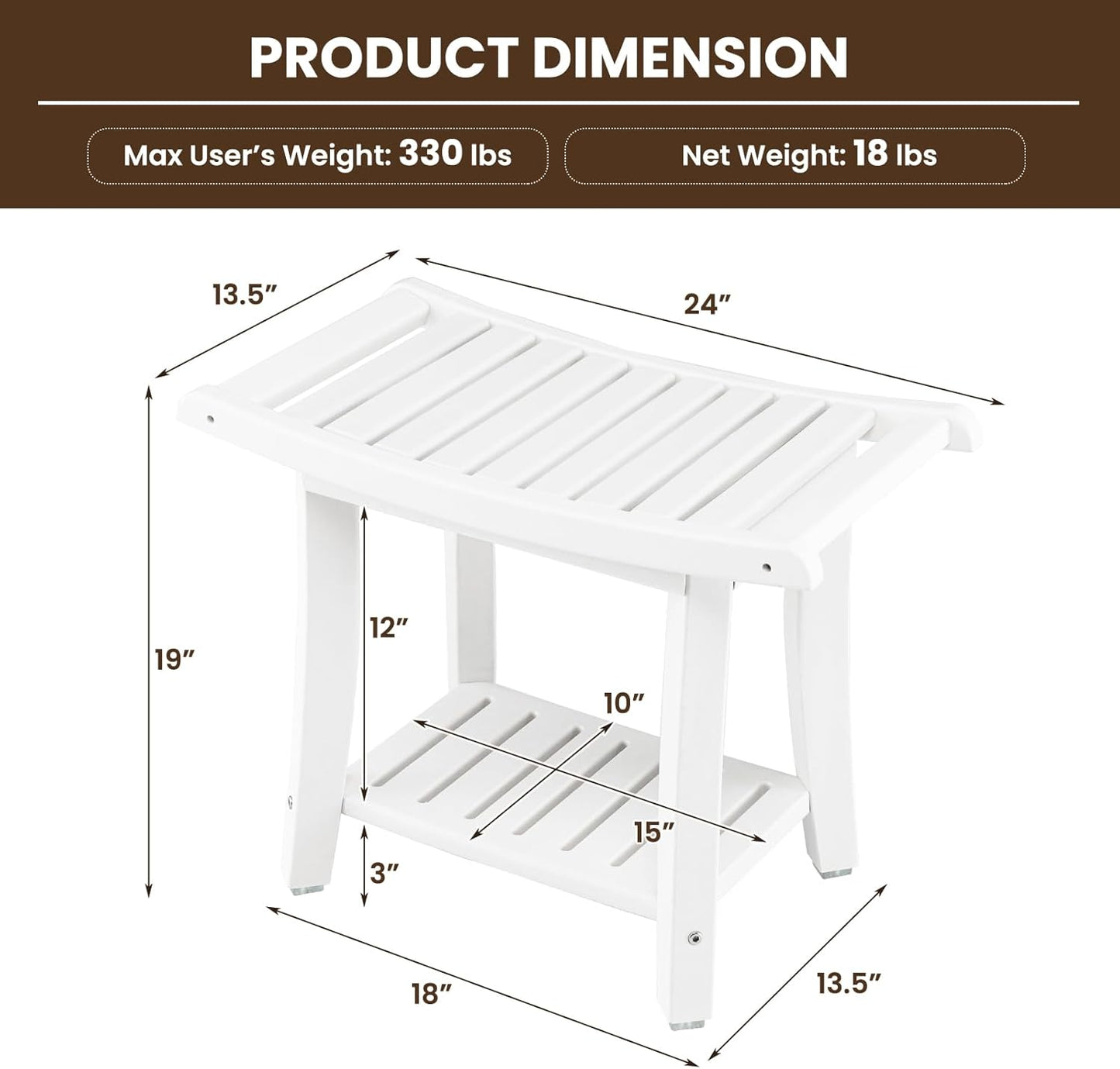 GOFLAME 2-Tier Shower Bench, Spa Bath Shower Stool with Curved Seat, 2 Easy-to-Grip Handles, Storage Shelf & Non-Slip Foot Pads, Waterproof Shower Chair for Bathroom, Living Room, Entryway, White