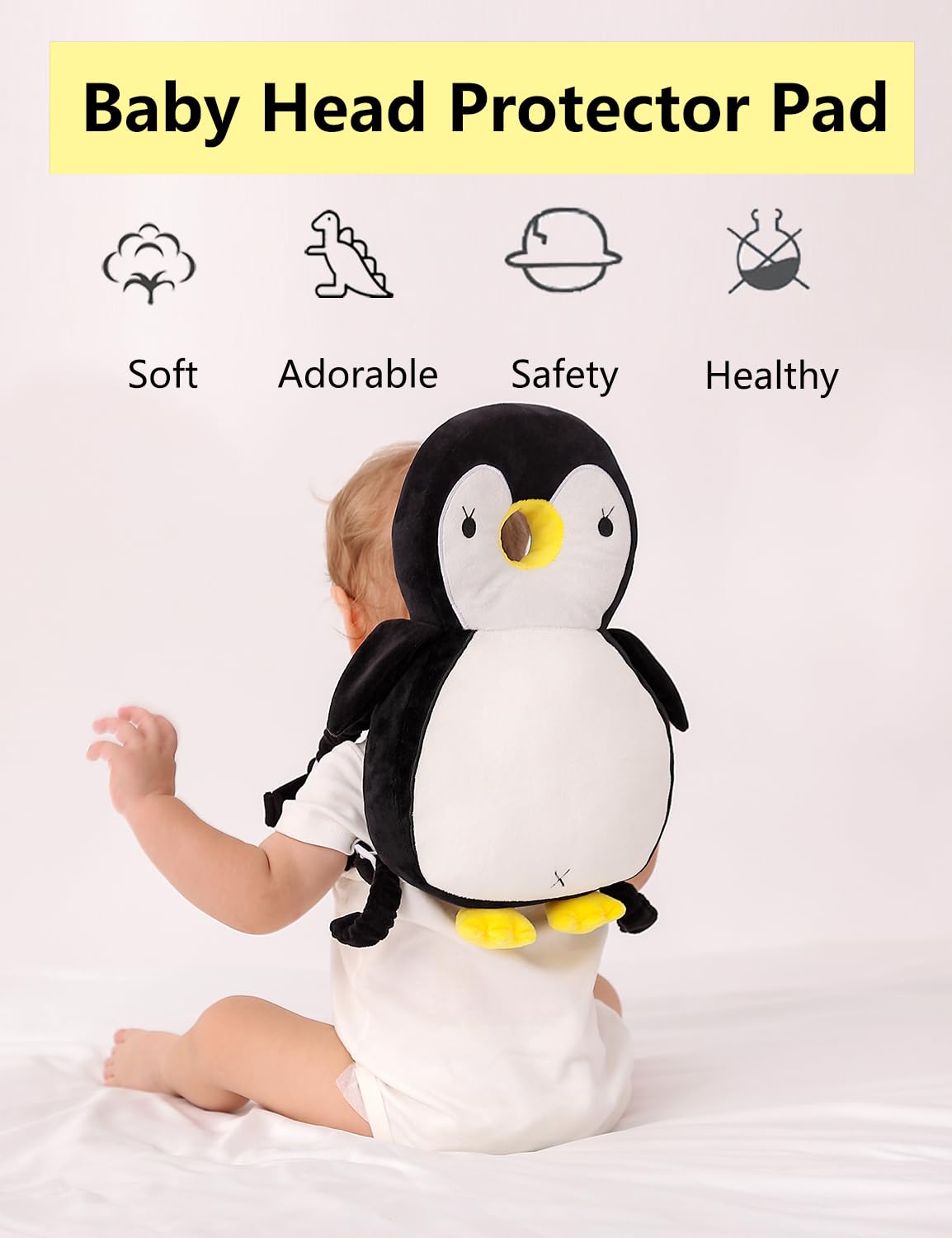 JunNeng Toddler Baby Head Protector Backpack for Toddler Walker with Knee Pads&Anti-Slip Socks, Penguin