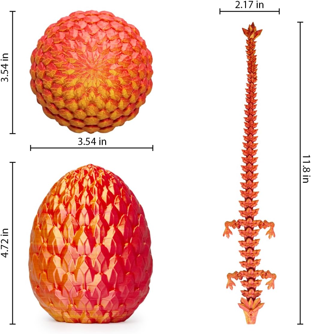 3D Printed Dragon in Egg, Beautiful Flexible Crystal Dragon, Gifts for Adults and Kids (Laser Red)