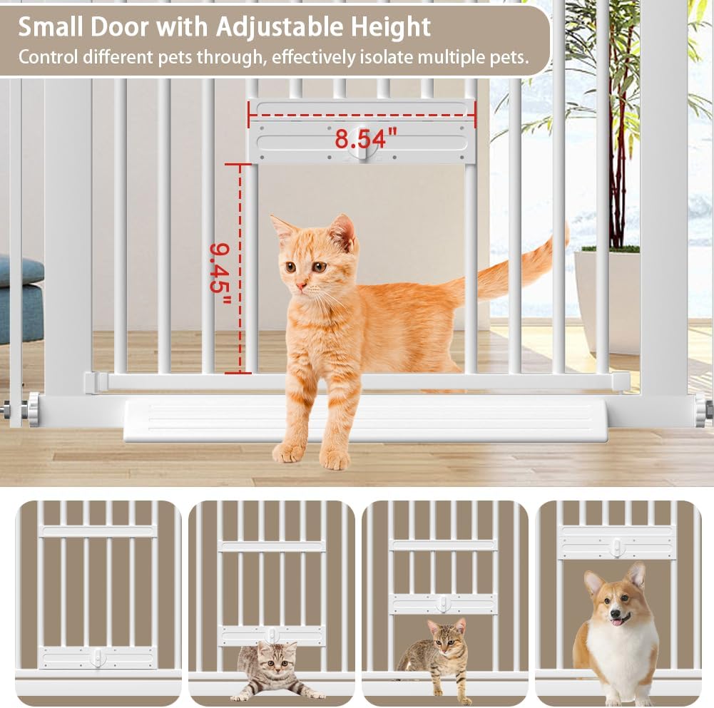 40.55" Tall 1.37" Ultra Narrow Spacing 57.68-73.43" Extra Wide Dogs Pets Baby Gate with Cat Door for Doorway Safety Proof Indoor Puppy Pressure Mounted No Drill White Black Metal Hallway