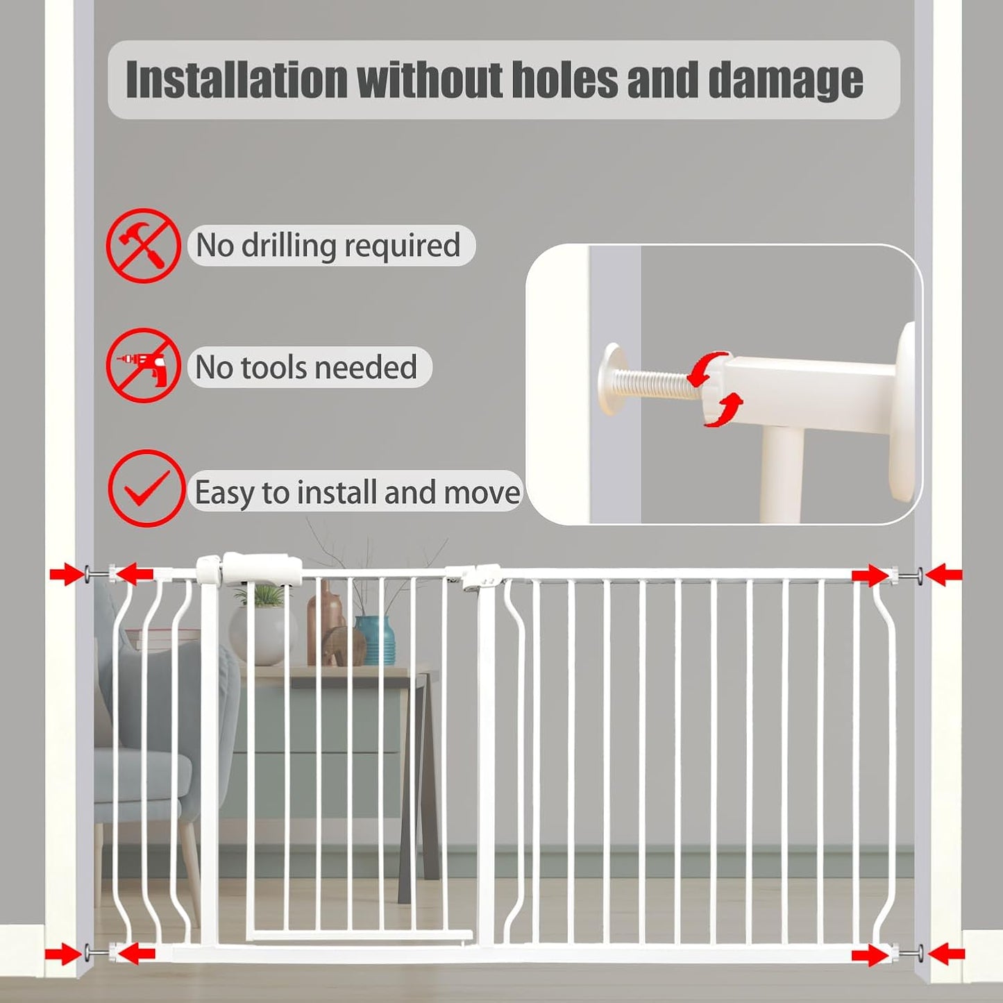 24-29 Inch Narrow Baby Gate, Pressure Mounted No Drilling Dog Gate for Stairs & Doorways, White Metal Safety Gate Indoor for Kids and Pets