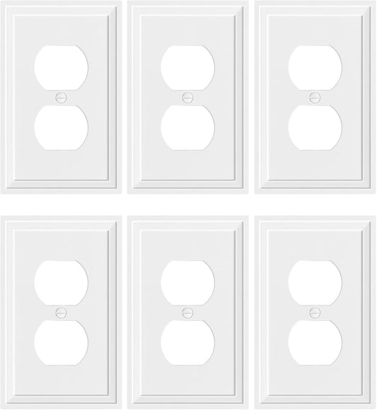 6-Pack Duplex Outlet Cover, Natural Bamboo Fiber Switch Plates and Outlet Covers, White Decorative Wall Plates for Electrical Outlets, 1 Gang Receptacle Cover, Corrosion Resistant