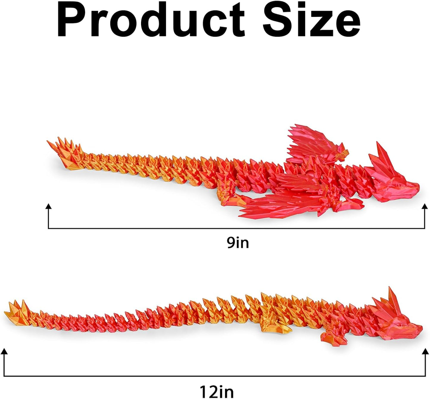 12“Crystal Dragon Without Wings & 9”Winged Articulated Dragon, 3D Printed Bulk Unique Funny Graduation Gifts for Kids, Executive Desk Fidget Toys Adults, Bath Pool water Toys (Gradient Orange-Red)