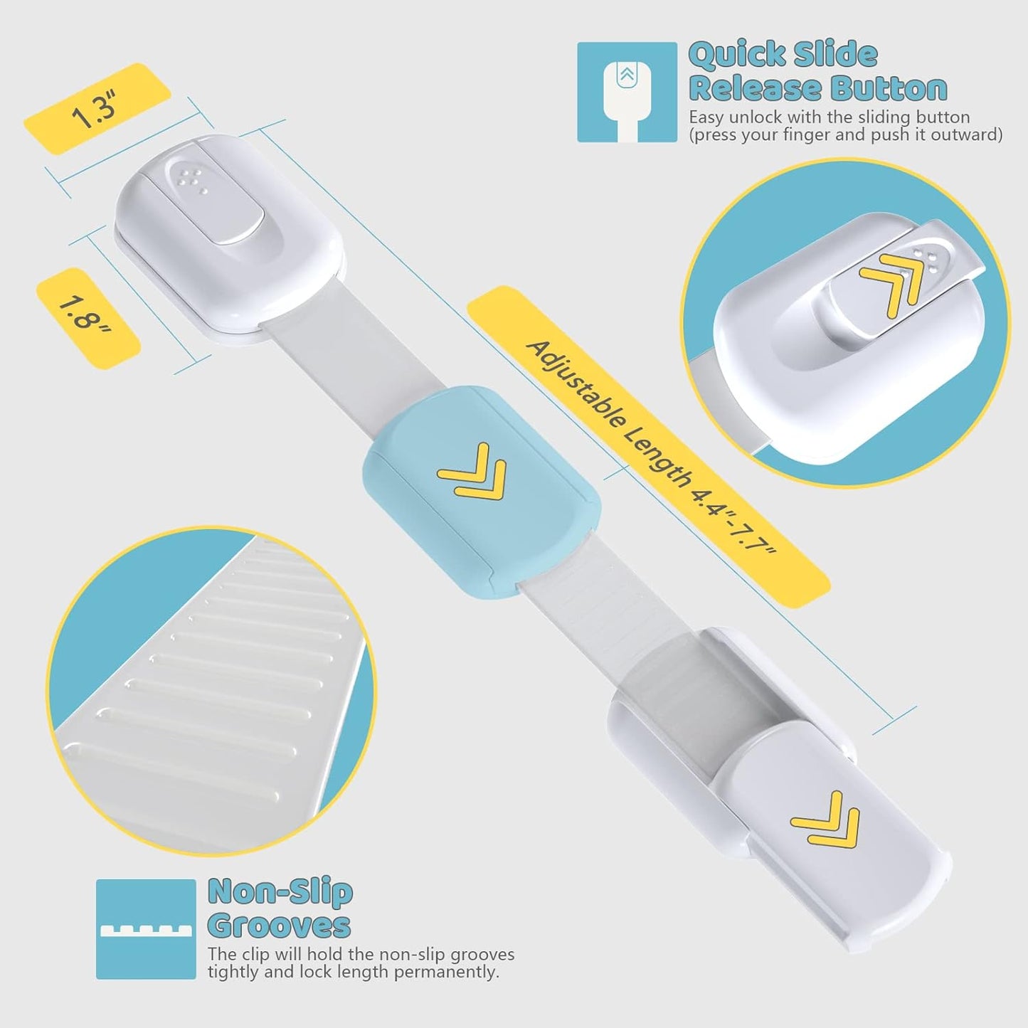 4our Kiddies Child Safety Cabinet Locks for Babies (6 Pack), Child Proof Latches for Cabinets and Drawers Doors, Baby Proofing Cabinet Strap Locks for Cupboard and Closet with 6 Pcs Extra 3M Adhesives