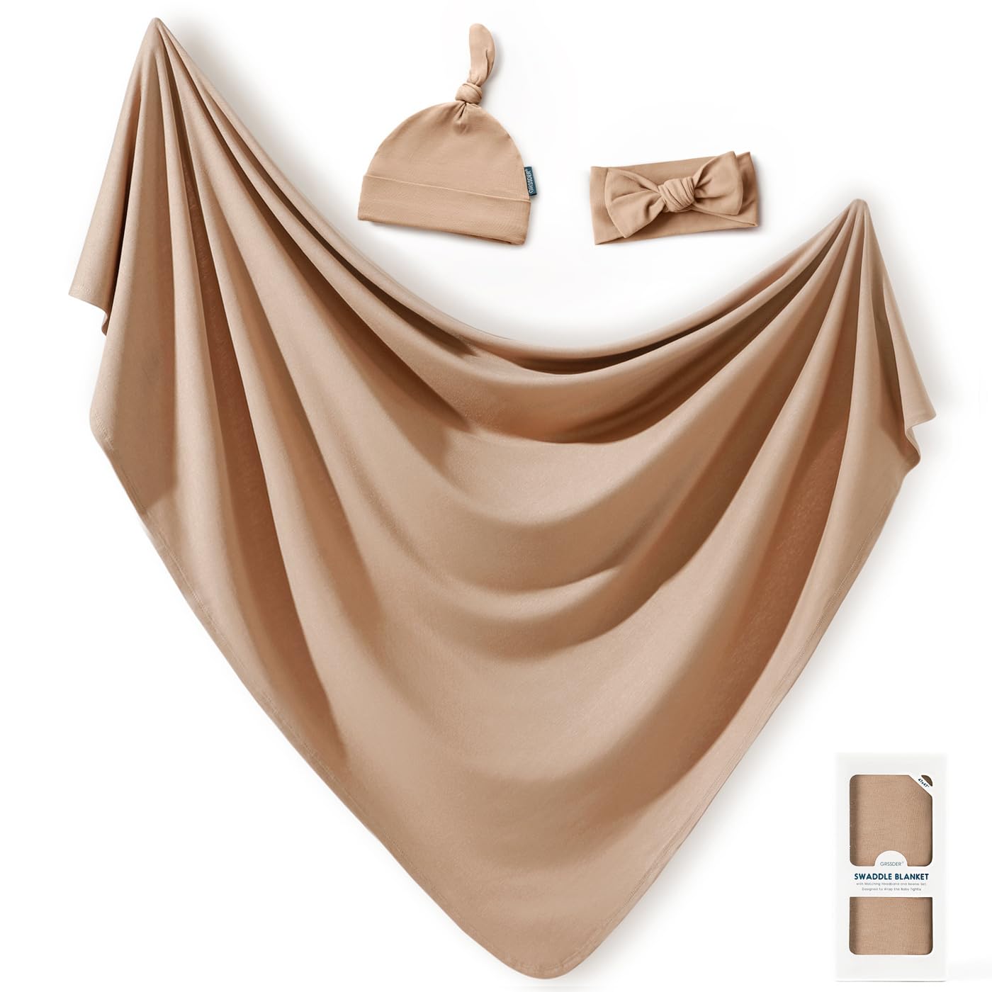 GRSSDER Newborn Swaddle Blankets, Ultra Soft Jersey Receiving Blanket with Matching Headband and Beanie Set, Stretchy Baby Blanket 47×47", Neutral Swaddle Wrap for Girls and Boys