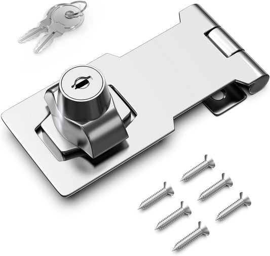 3 Inch Keyed Hasp Lock for Cabinets & Small Doors, Twist Knob Design, Heavy Duty Zinc Alloy with Chrome-Plated Iron, Includes Keys & Screws, Silver
