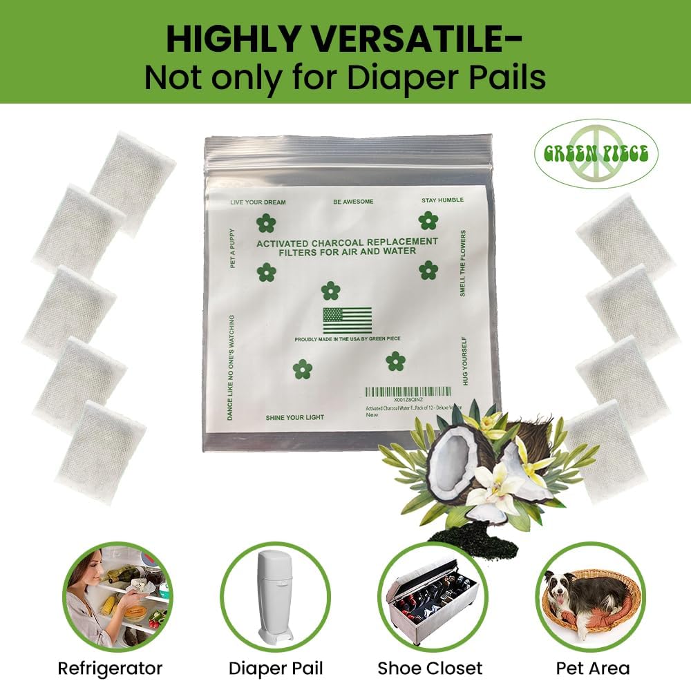 Green Piece® All-Natural Baby Diaper Pail Deodorizer - Activated Charcoal Air Purifier Compatible with Diaper Pails, Shoe Closets, Trash Cans (Pack of 12 + 1 Big Filter)