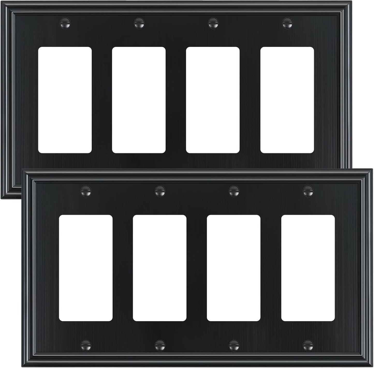 2-Pack Quad Decorator Outlet Cover Plate, Zinc Alloy Decorative Black Switch Plates and Outlet Covers, 4 Gang Wall Plates for Electrical Outlets, Receptacle, GFCI Outlet, Dimmer Switch