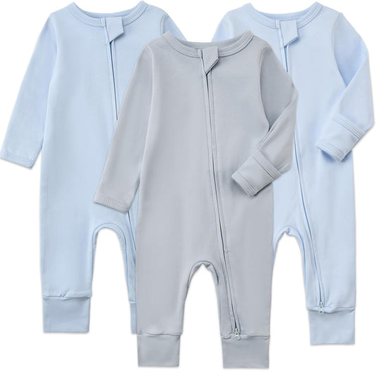 Aablexema 3-Pack Organic Cotton Baby Footless Pajamas with Mitten Cuffs, 2-Way Zipper Romper Sleepers