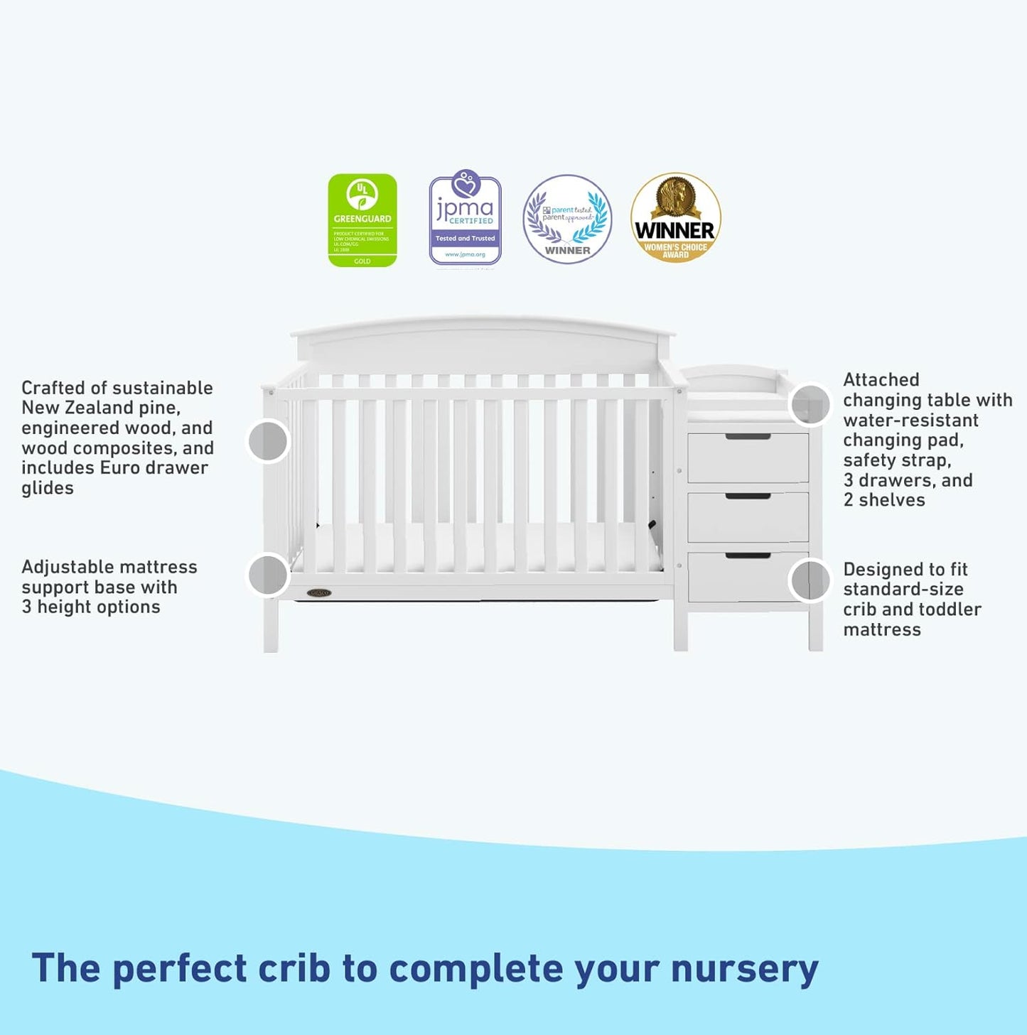 Graco Benton 5-in-1 Convertible Crib and Changer (White) – Crib and Changing -Table Combo, Includes Water-Resistant Changing Pad, 3 Drawers, Converts to Toddler Bed, Daybed and Full-Size Bed