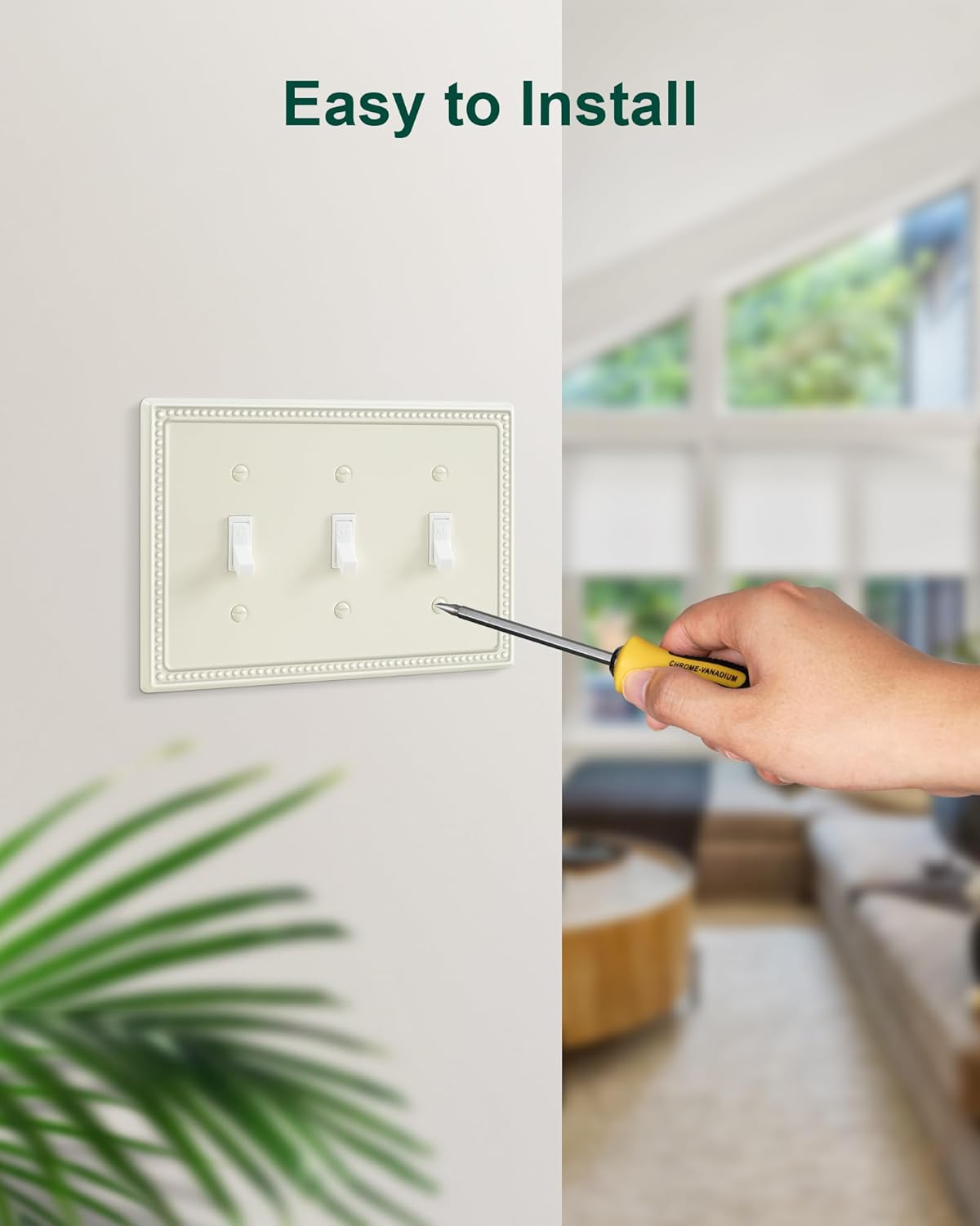 2-Pack Triple Toggle Light Switch Cover Plate, Pearls Decorative Switch Plate Covers, Light Almond 3 Gang Metal Wall Plate, Corrosion Resistant