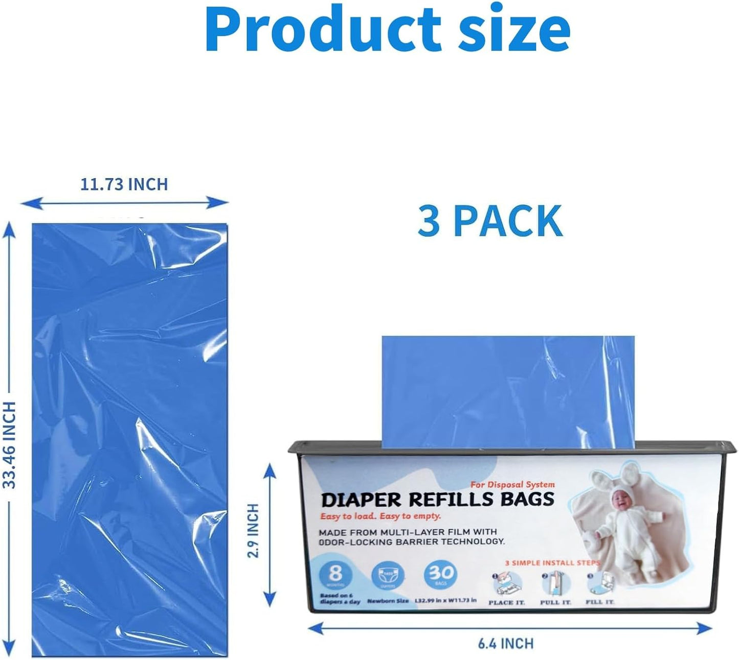 Diaper Pail Refills Bags with 30 Bags, Compatible with Genie Easy Roll Signature Diaper Pail and Platinum Diaper Pail, 7-Layer Odor-Barrier Technology, 3 Pack (90 Bag)