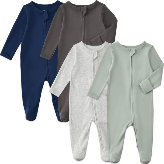 Aablexema Baby Footed Pajamas with Mitten Cuffs Zipper 4-Pack Infant Newborn Cotton Long Sleeve Outfit