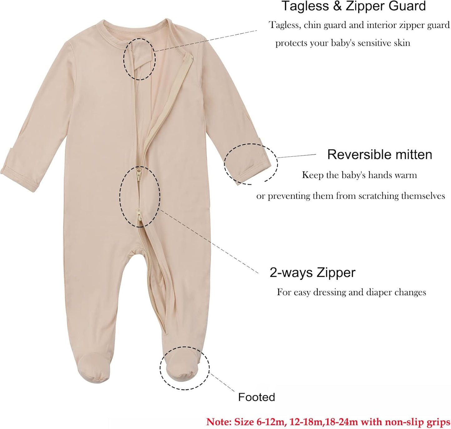 Aablexema Baby Zipper Pajamas Bamboo Rayon, 3pcs Unisex Infant Onesie with Mitten Long Sleeve Footed Pjs