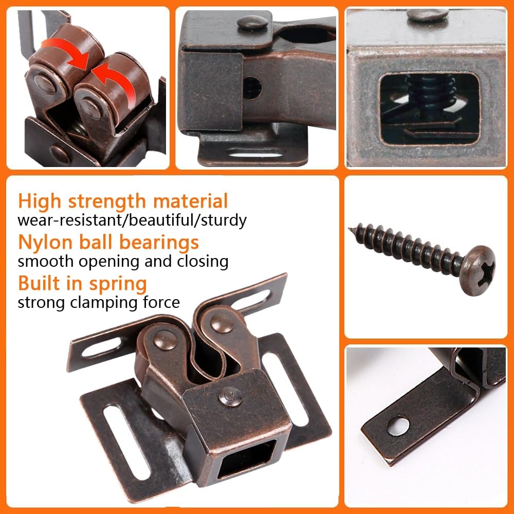 4 Pack Cabinet Latch Double Roller Catch for Cupboard Closet Cabinet Door Latches and Catches, Bronze