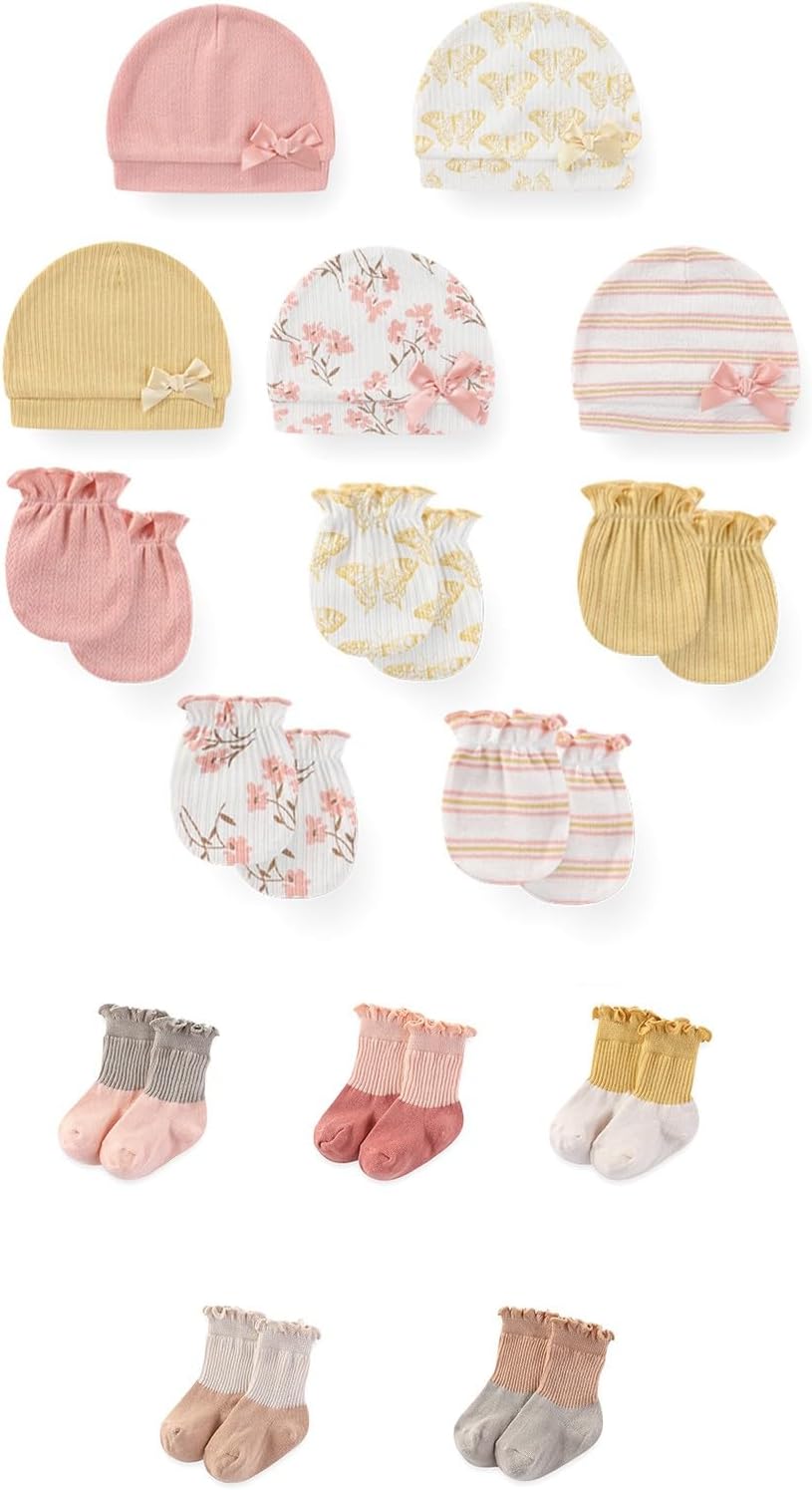 15 Pack Unisex New Born Boy Girls No Scratch Mittens Sets Cotton Soft Baby Gloves Hats socks Accessory 0-6 Months