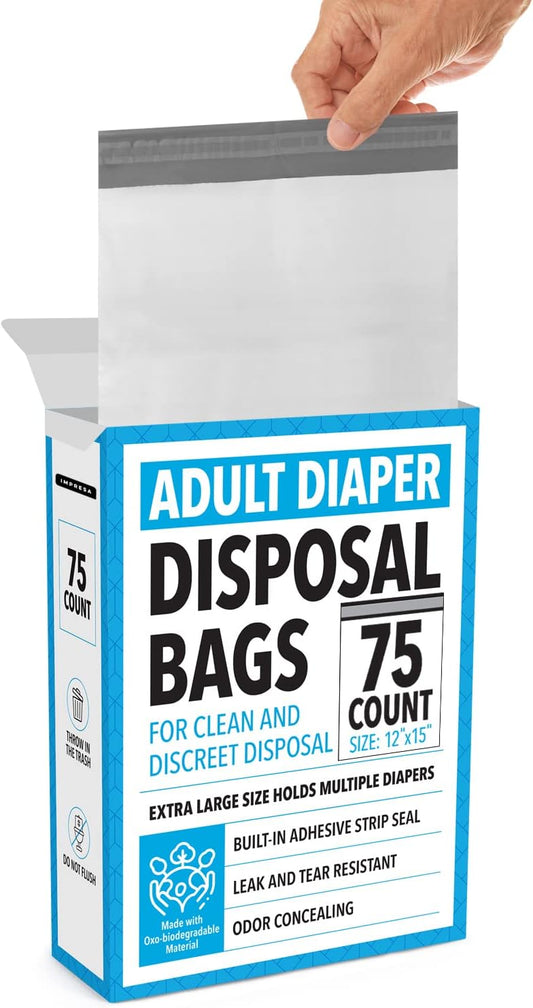 IMPRESA Disposable Adult Diaper Bags - 75-Pack, 12 x 15 in, Unscented - Odor-Proof, Leak-Proof & Tear-Resistant - Extra-Thick Bags for Adult Diapers & Incontinence Pads