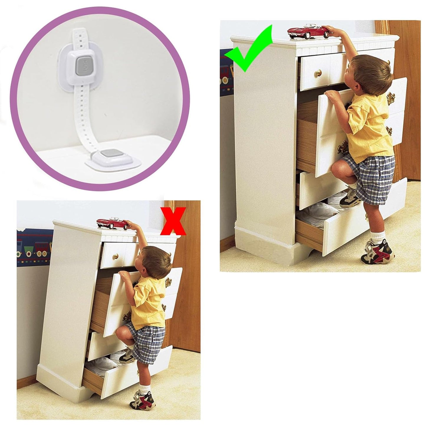 No Drill Furniture Anchor, Anti-tip and Adjustable Strap for Baby Proofing, 3M Adhesive Multi-Purpose for Furniture, Secure to Playroom (4 Pack)