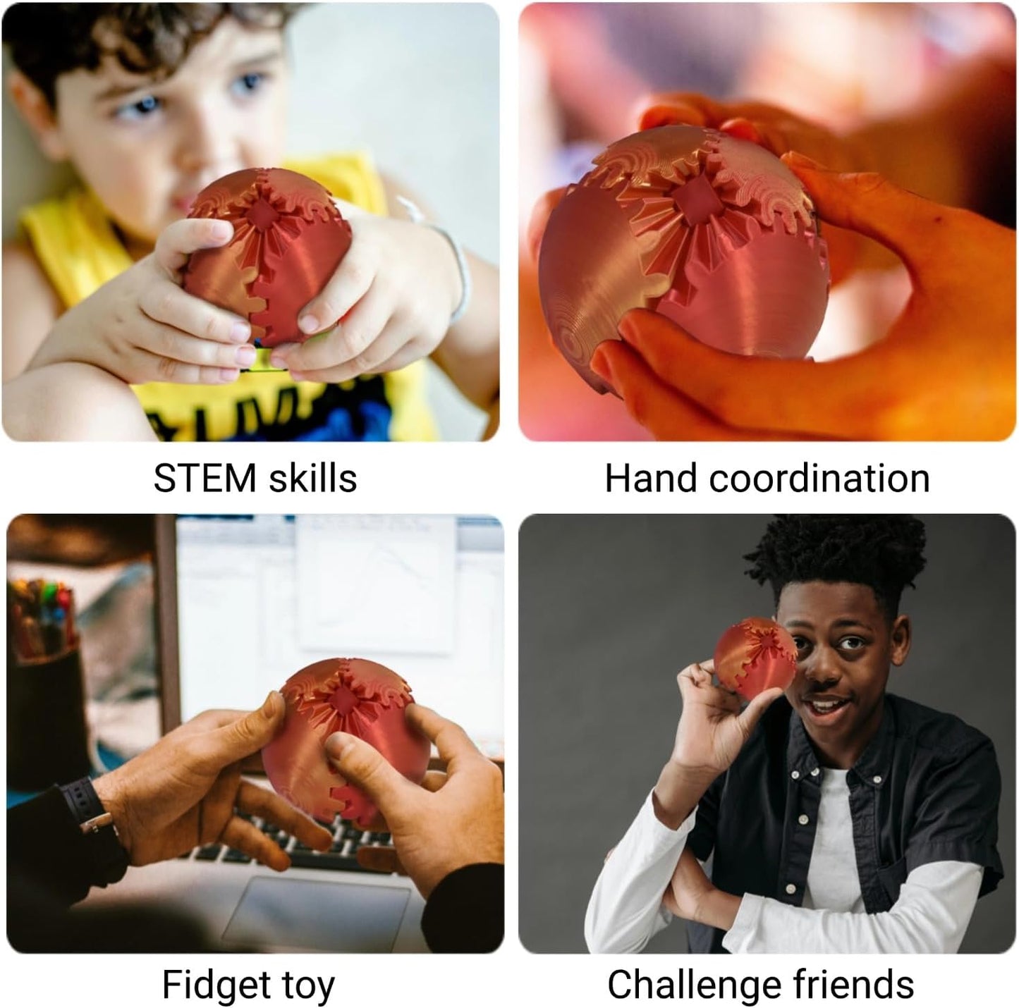 3D Printed Gear Ball, Gear Sphere Fidget Toy Stress Relif Toy for ADHD, Anxiety Relaxing Toy for Adults at Work/Study/Travel, Red-Gold