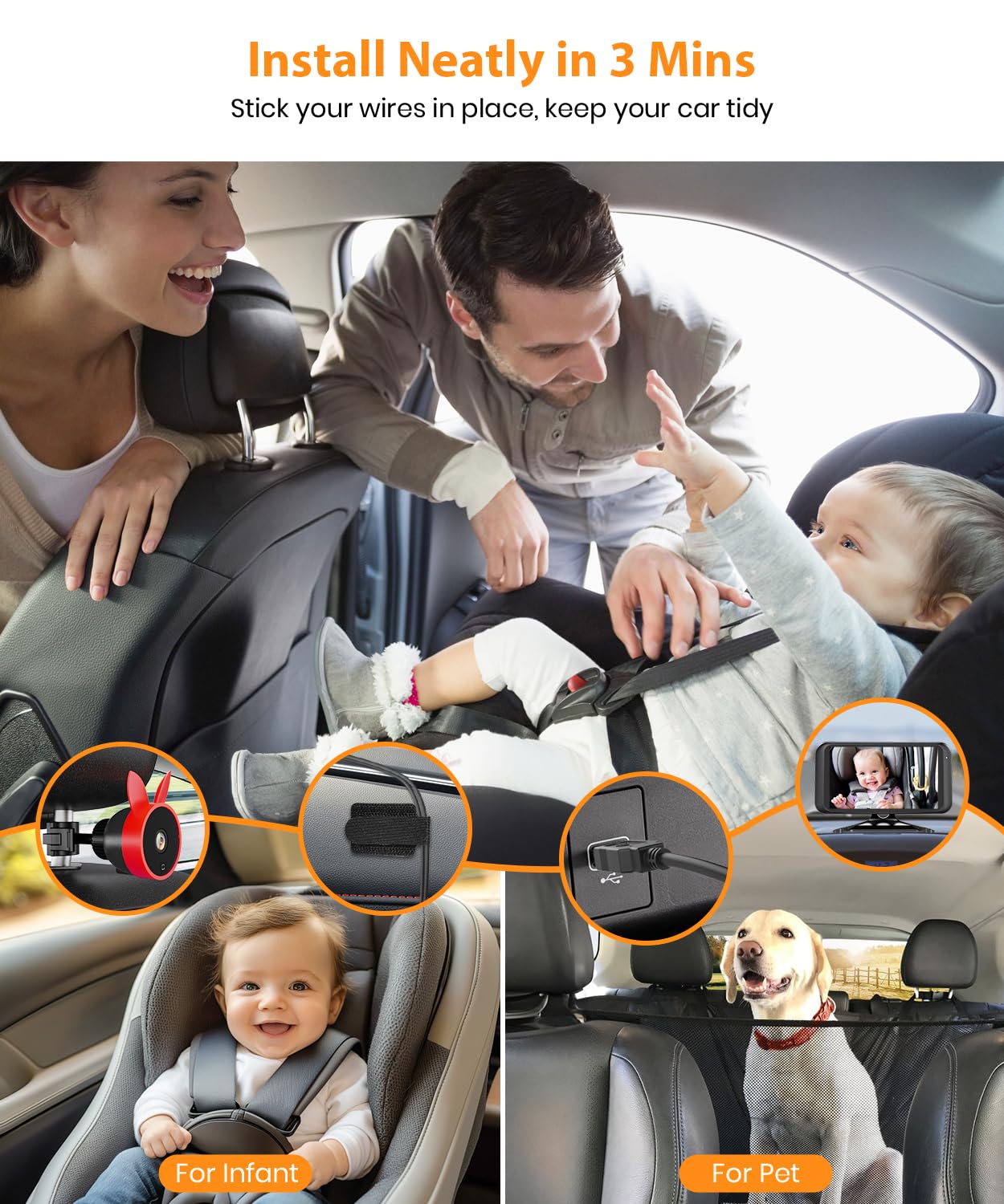 BV2 Baby Car Camera, 4.5'' HD 1080P USB Rear-Facing Mirror, IR Night Vision, 360° Adjustable, Plug & Play Backup Monitor for Child & Pet Safety