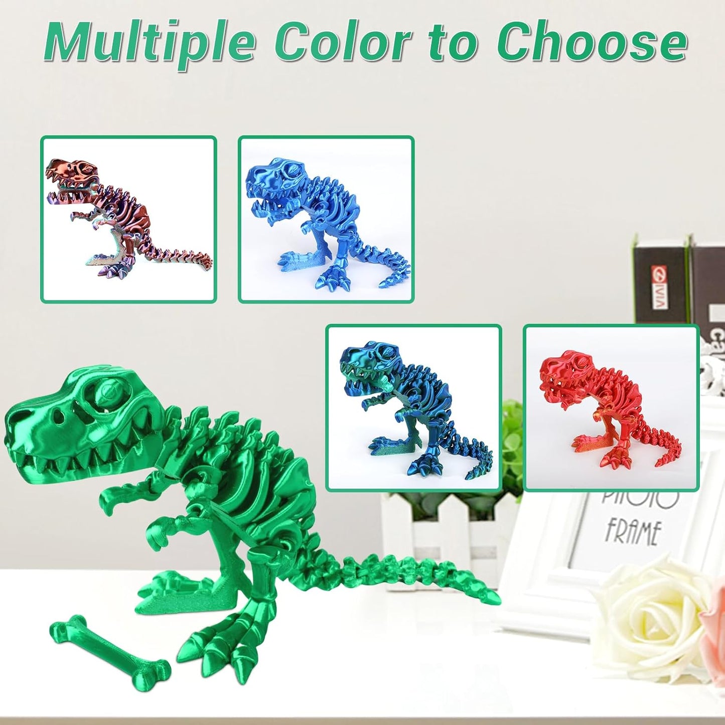 3D Printed Dinosaur Bone Skeleton Tyrannosaurus Rex with Movable Jaw Fidget Dinosaur Toys Full Articulated Dinosaur Executive Desk Toys Home Office Decor, Green-2