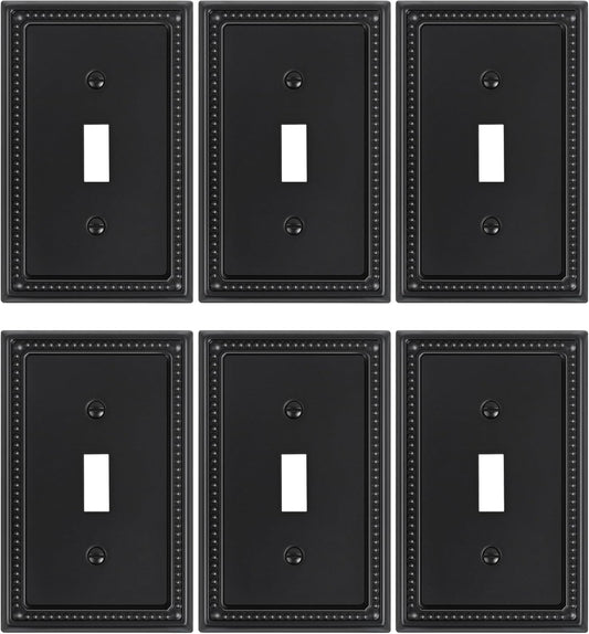 6-Pack Single Toggle Light Switch Cover Plate, Pearls Decorative Switch Plate Covers, Black 1 Gang Metal Wall Plate, Corrosion Resistant