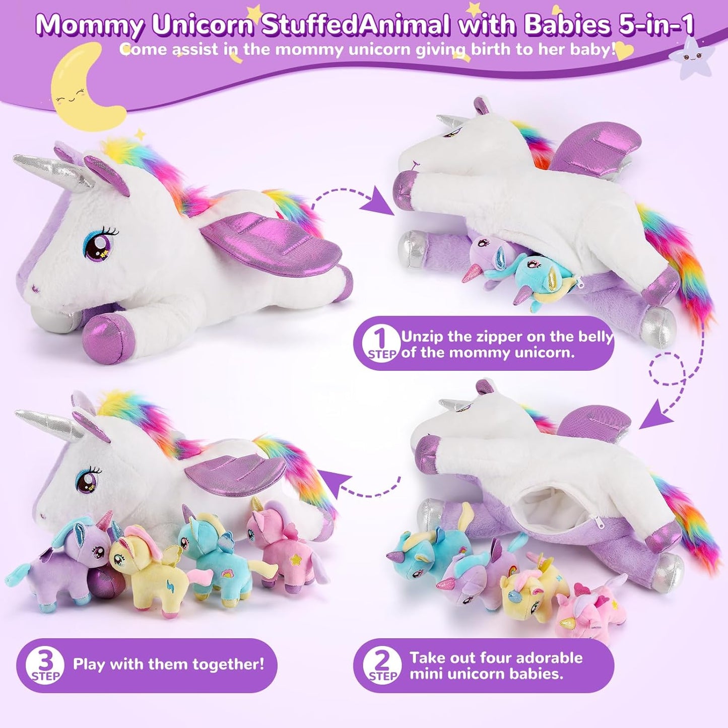 5 Pieces Unicorn Stuffed Animals - 1 Mommy Stuffed Unicorn with 4 Babies - Unicorns Gifts for Girls Ages 3 4 5 6 7 8, Unicorns Plush Toys for Christmas, Valentine's, Birthday Gifts (Purple)