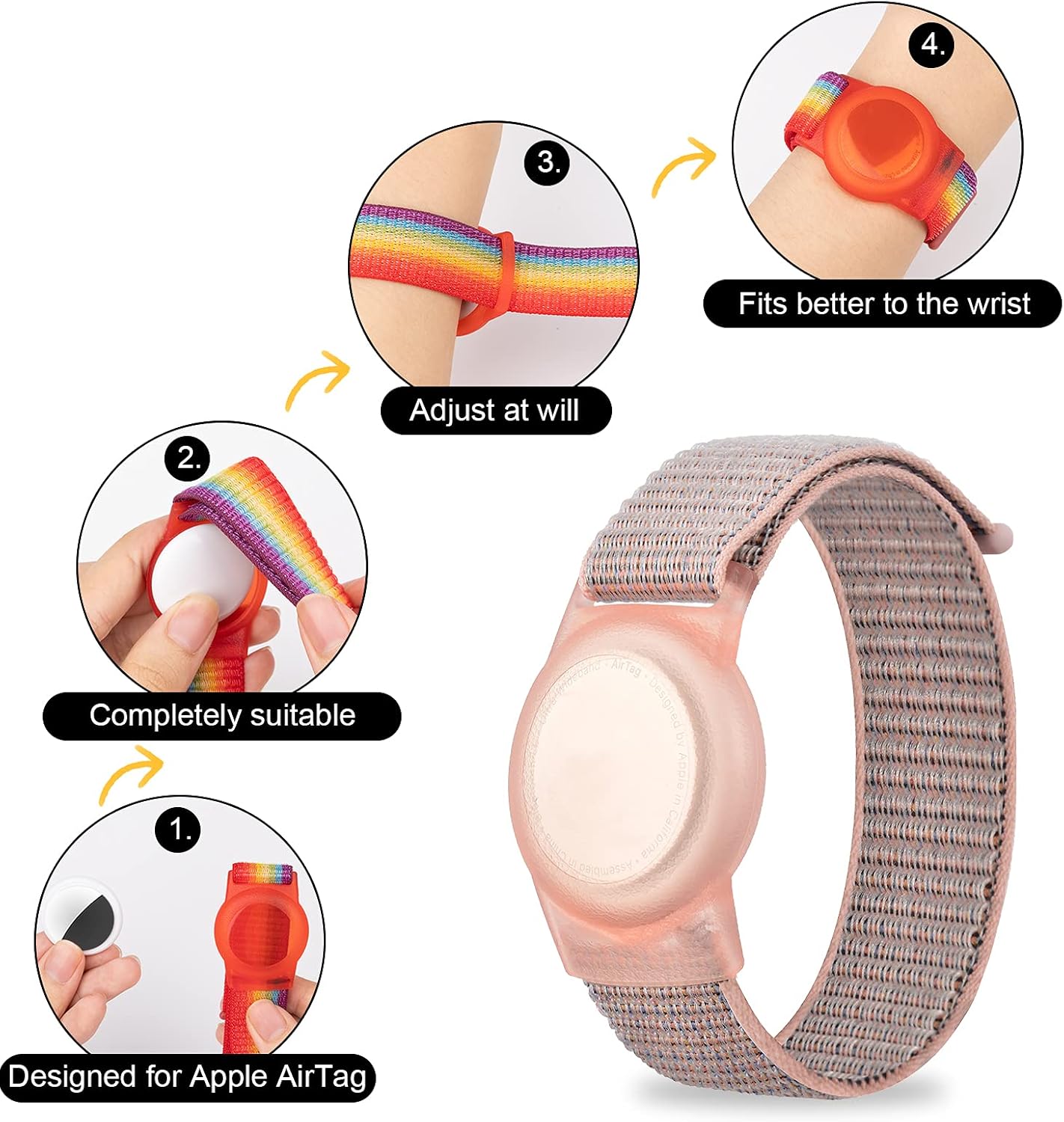 AirTag Bracelet for Kids, Apple Air Tag Protective Cover with Nylon Wristband, Anti Lost GPS Trackers Case Cover Elastic Watch Band for Toddlers Girls Boys Elders (Pink)