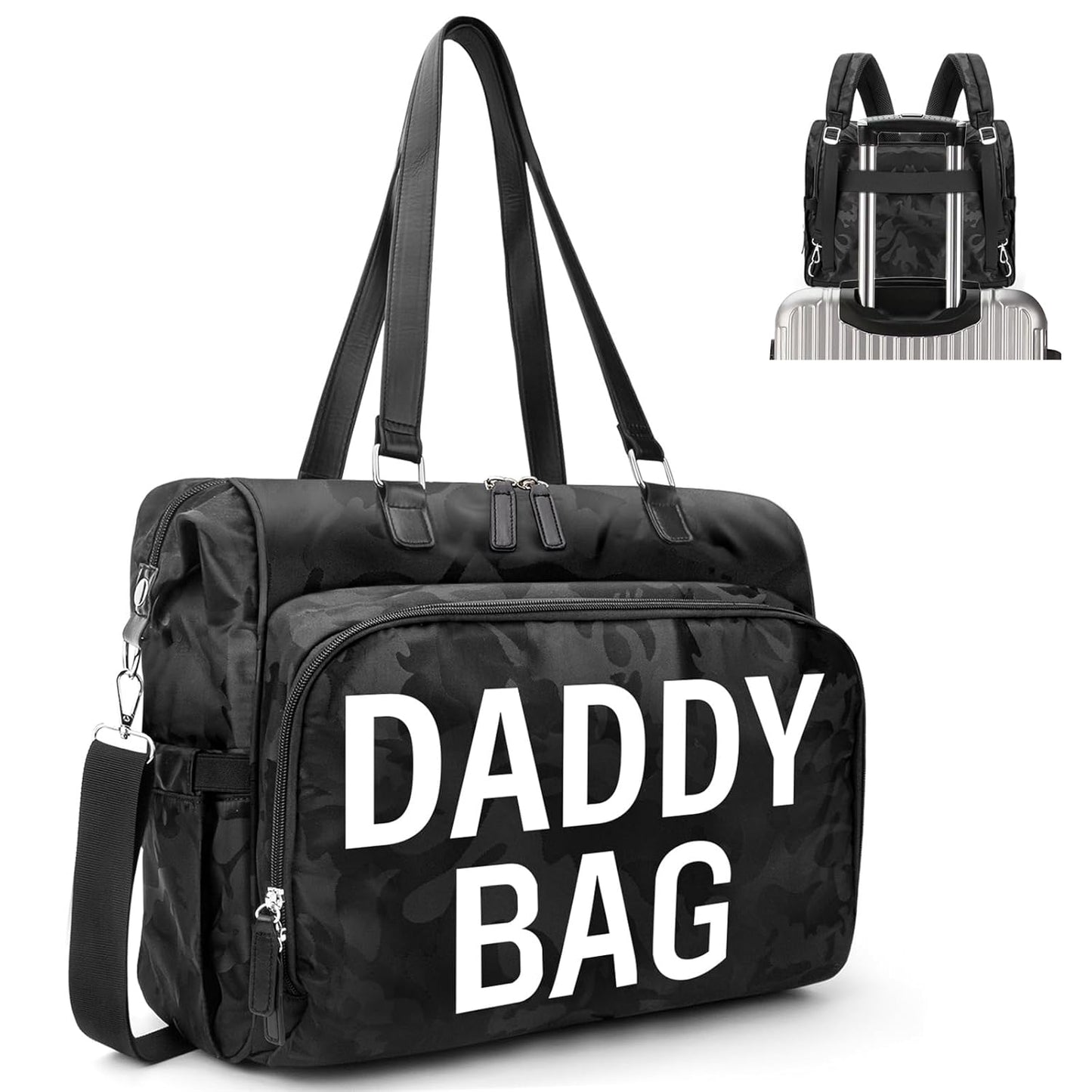 4 in 1 Convertible Daddy Bag Backpack, Camo Black Diaper Backpack for Dad and Mom, Father's Bag for Hospital with DADDY BAG Imprint, Baby Care Diaper Backpack & Tote with 14 Pockets