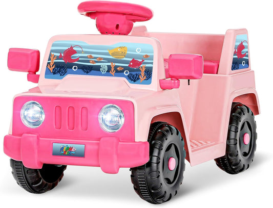 6V Toddler Ride On Car Interactive Electric Car with Horn LED Front Light Rear Storage Ocean Theme Perfect for Boys & Girls 18+ Months Safe Fun and Exciting for Little Explorers(Pink Ocean)