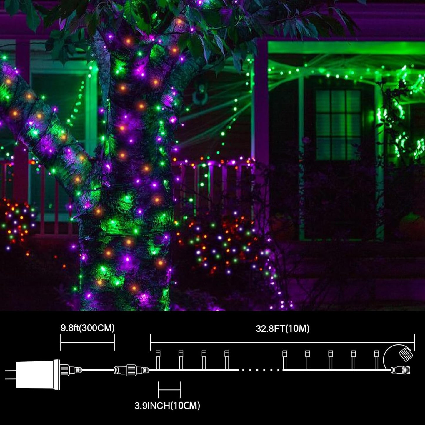 33ft Halloween Decorative Mini Lights, 100 LED Brown Wire Fairy Starry String Lights Plug in, 16Lighting Modes for Halloween Outdoor Party Decoration (Orange/Purple/Green)