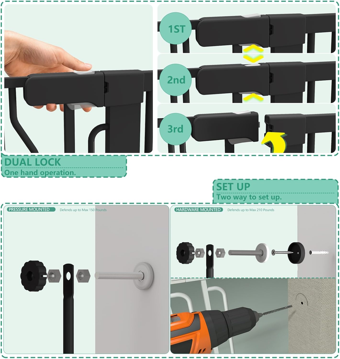 51" Extra Tall Cat Gate for Doorway Auto Close Encrypted Cat Gate 28.5"-48.7" Adjustable Width Pet Gate Include 5.5" and 8.26" Extension Kits No Drilling Pressure Mount Kit