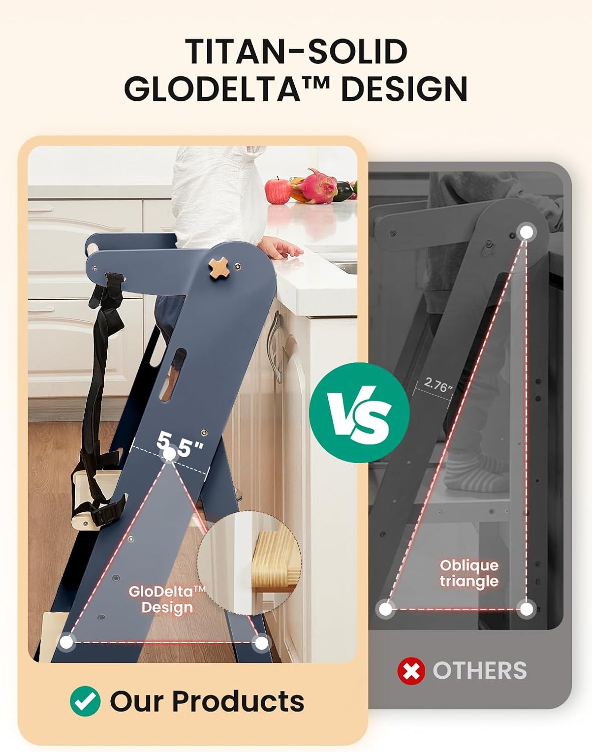 GROWNSY Foldable Step Stool Toddler Tower, Toddler Kitchen Stool Helper, Collapsible Kids Standing Learning Tower with 3 Adjustable Heights and Safety Net for Kitchen Bathroom Sink Counter (Blue Gray)