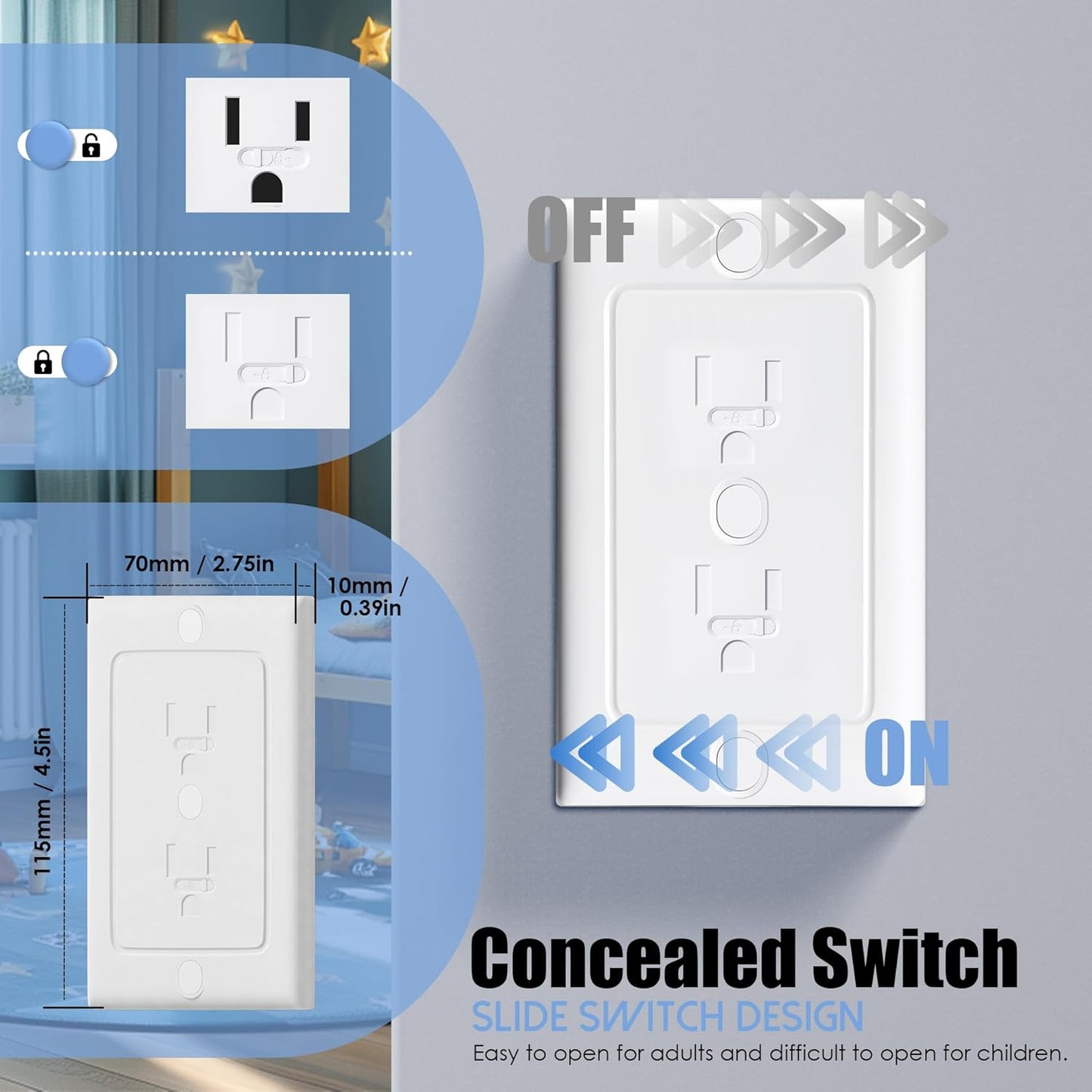 Nearockle 6 Pack Self-Closing Outlet Covers, 2024 Upgraded Built-in Hidden Slider & No-Pull-Out Wall Plug Covers Fit Decora, Duplex Wall Socket, Child Safety Baby Proofing (White)