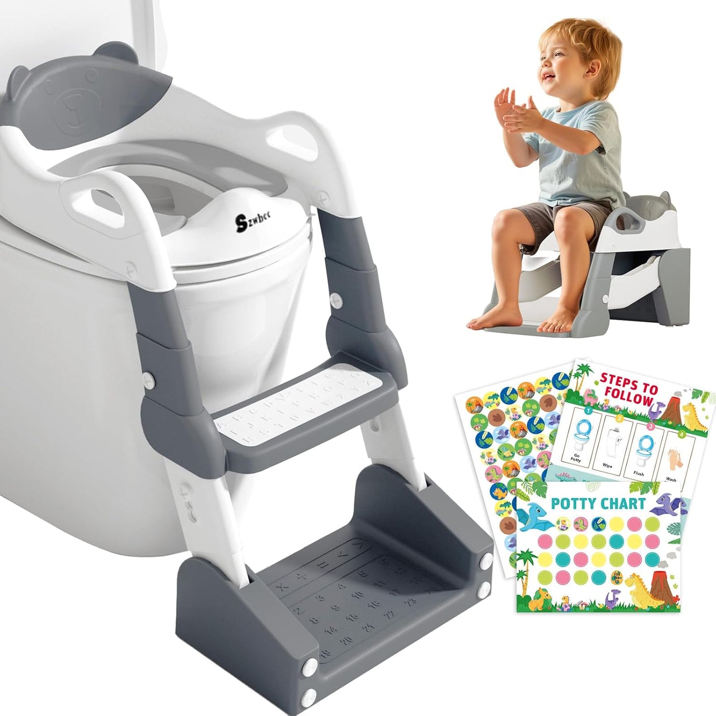 3-in-1 Potty Training Toilet, Toddler Toilet Seat with Step Stool, Foldable Potty Ladder with Potty Chart, PU Cushion, Splash Guard, Anti-Slip Steps & Urinal for Boys & Girls, Grey