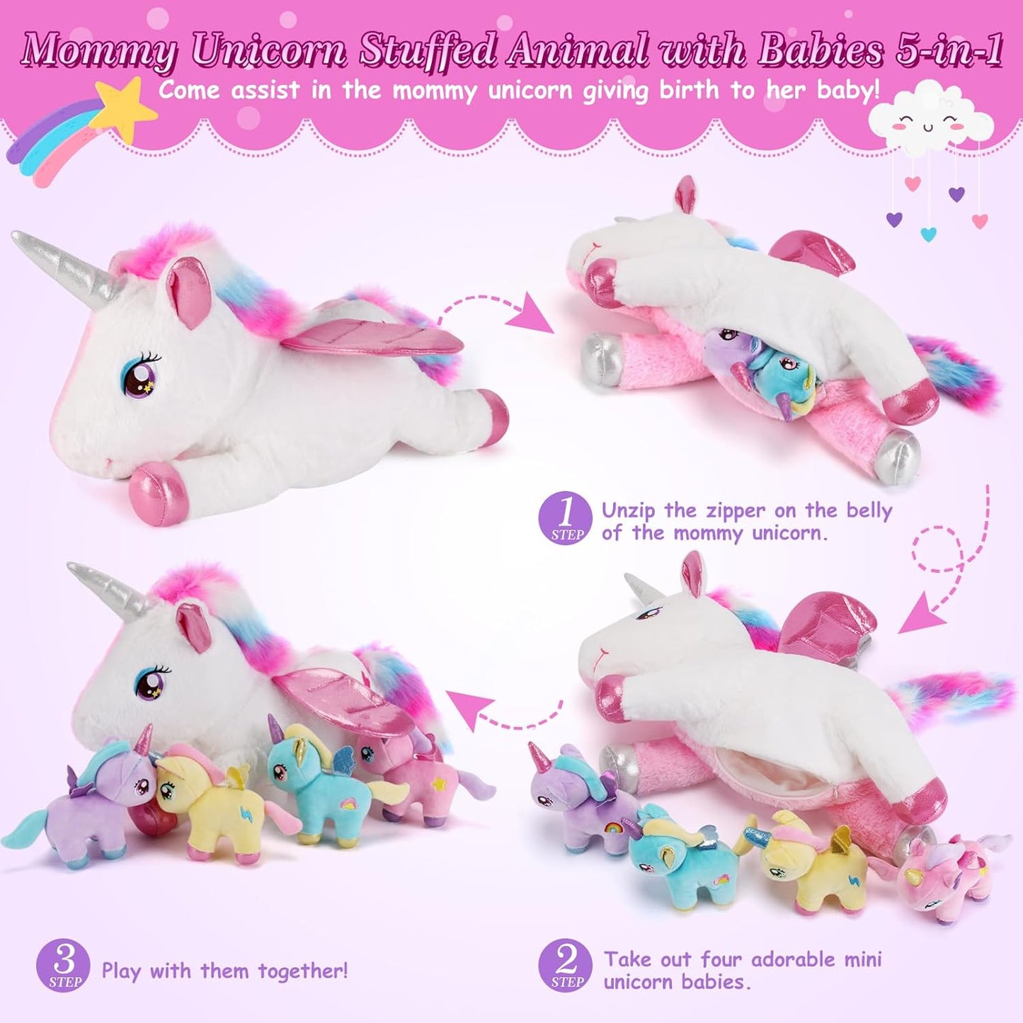 5 Pieces Unicorn Stuffed Animals - 1 Mommy Stuffed Unicorn with 4 Babies - Unicorns Gifts for Girls Ages 3 4 5 6 7 8, Unicorns Plush Toys for Christmas, Valentine's, Birthday Gifts (Pink)