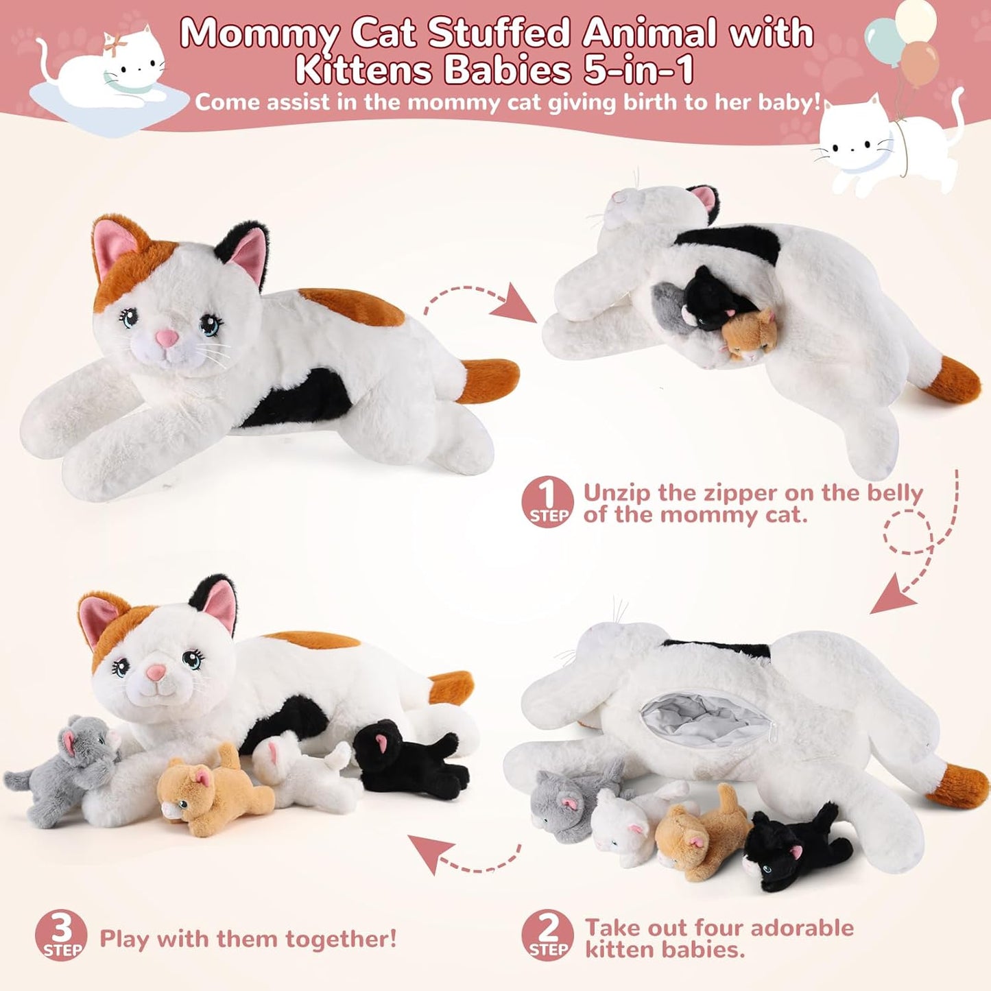 5 Pieces Cat Stuffed Animals with Babies Inside Belly - 1 Mommy Stuffed Cat with 4 Kittens - Stuffed Kitty Plush Toys for Kids Age 3-8, Gifts Ideal for Christmas, Valentine's, Birthday