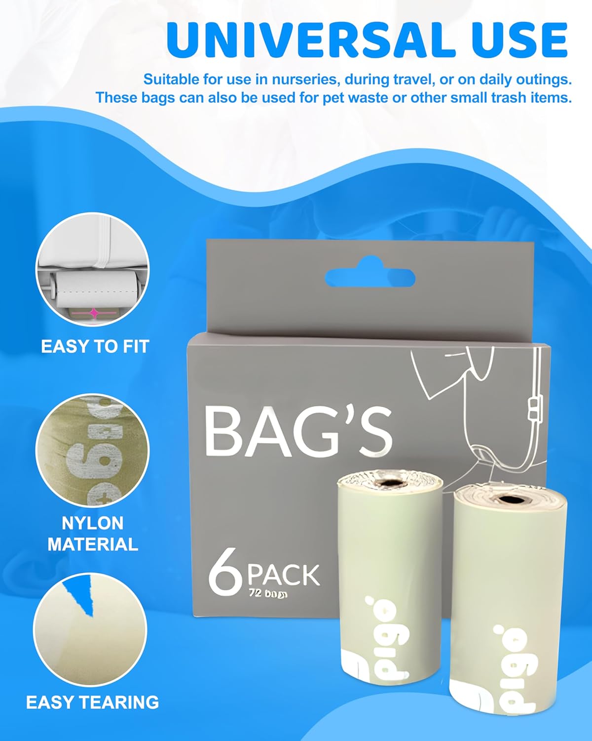 Compostable Disposable Diaper Bags Refills | 6 Rolls, 72 Leak-Proof, XL Biodegradable Baby Poop Bags | Eco-Friendly Diaper Trash Bags for Home, Travel, Pet Waste | Odor-Free,
