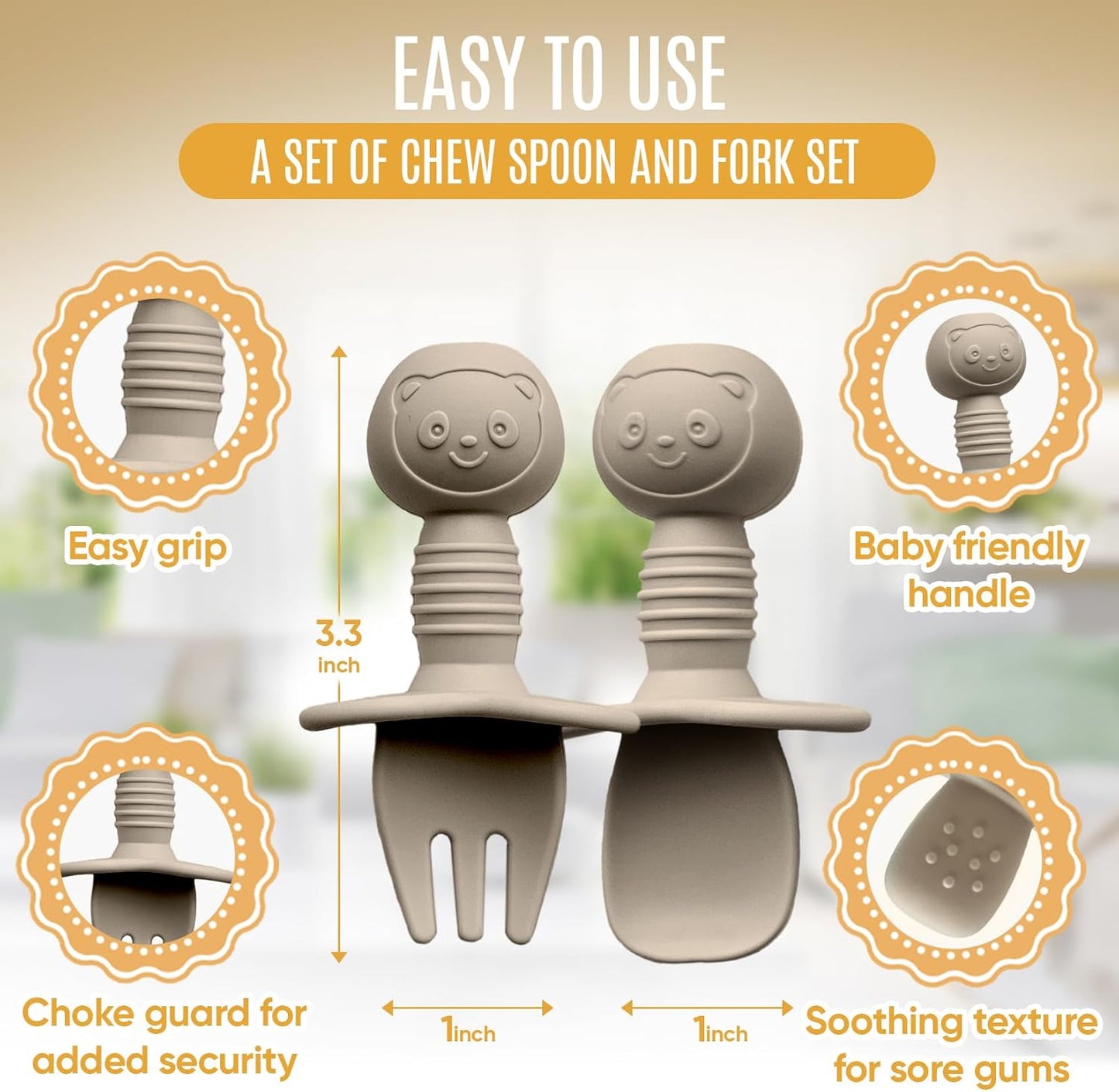 4pc Silicone Baby Spoons Self Feeding Baby Utensils 6-12 Months - 3 Baby Spoon - 1 Baby Fork - Toddler Cutlery Set - BPA Free, Dishwasher Safe - Baby Eating Essentials (Gray/Beige)