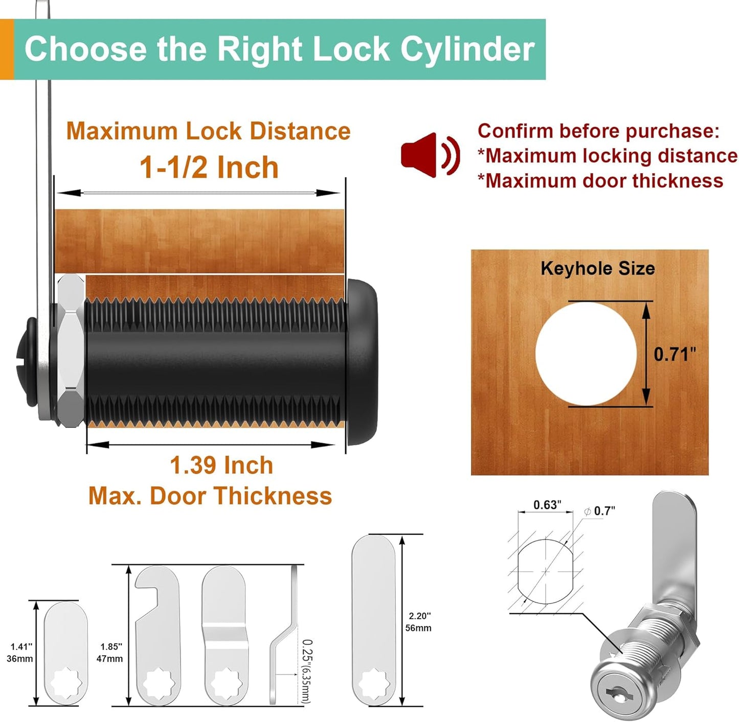 6 Pcs Cabinet Locks with Keys, 1-1/2'' Cam Lock Keyed Alike Fit 1-3/8'' Max Panel, Secure Your File Cabinet Drawer Desk Toolbox Mailbox Lock Replacement, Zinc Alloy