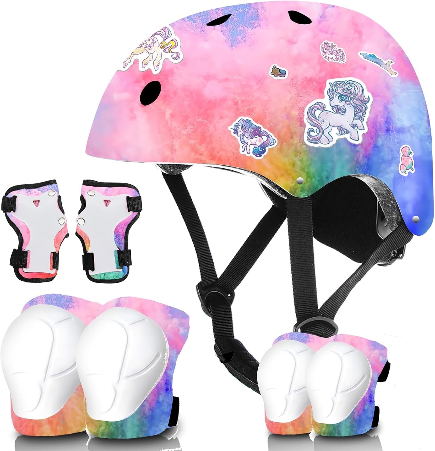 Adjustable Kids Bike Helmet with Knee & Elbow Pads Set, Color Gradient Design for Boys and Girls Aged 3-14+, for Skateboarding, Scooter, Roller & Inline Skating, Longboard