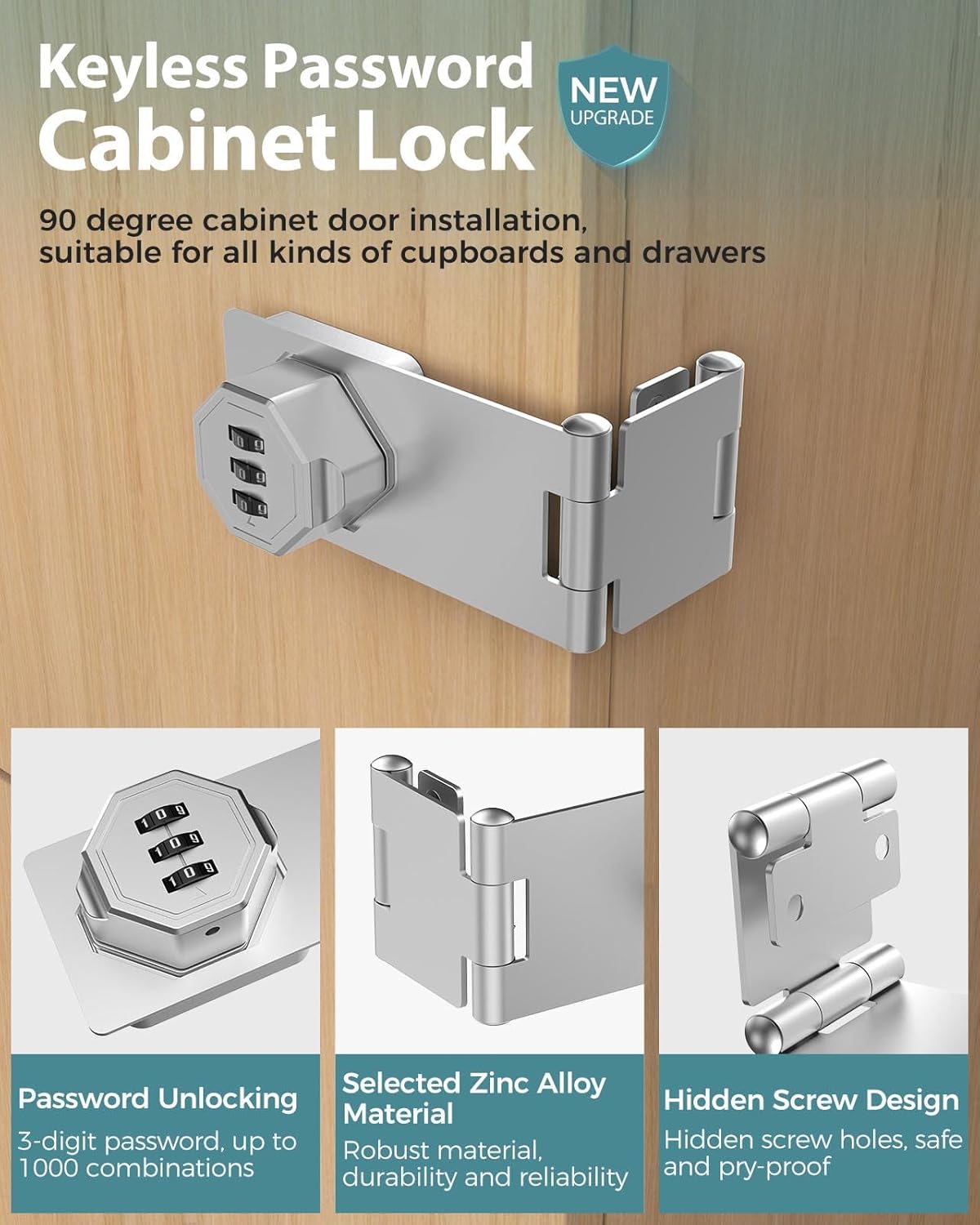 90 Degree Cabinet Combination Door Lock Latch, Zinc Alloy Password Rotary Hasp Lock, Keyless Folding Latches for Office File Cabinet, Drawers, Cupboard, Small Doors, Locker (1, Silver)