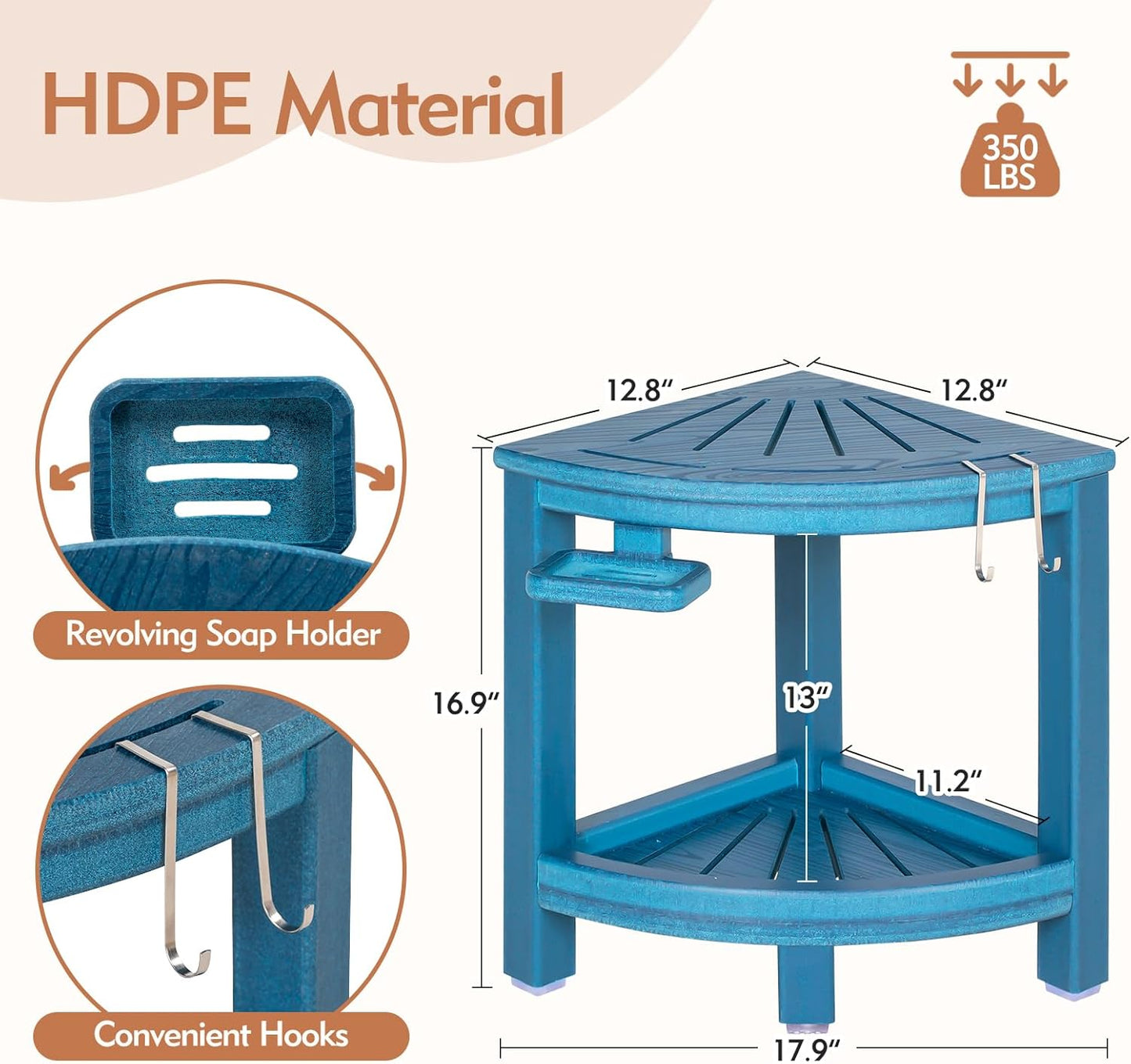 2-Tier Corner Shower Stool with Hooks & Soap Dish, HDPE Shower Bench for Shaving Legs, Wood-Like Shower Stool for Inside Shower with Non-Slip Foot Pads, Waterproof Shower Foot Rest (Blue)