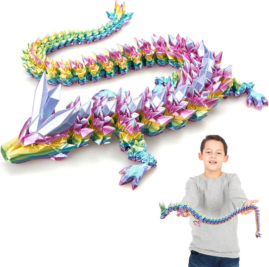 3D Printed Dragon, 24 Inch Crystal Dragon, Bigger Fidget Toys Adults, 3D Printed Articulated Dragon for Home Office Car Desk Decor Toys, Dragon Eggs Gift Given on Birthday (Rainbow)