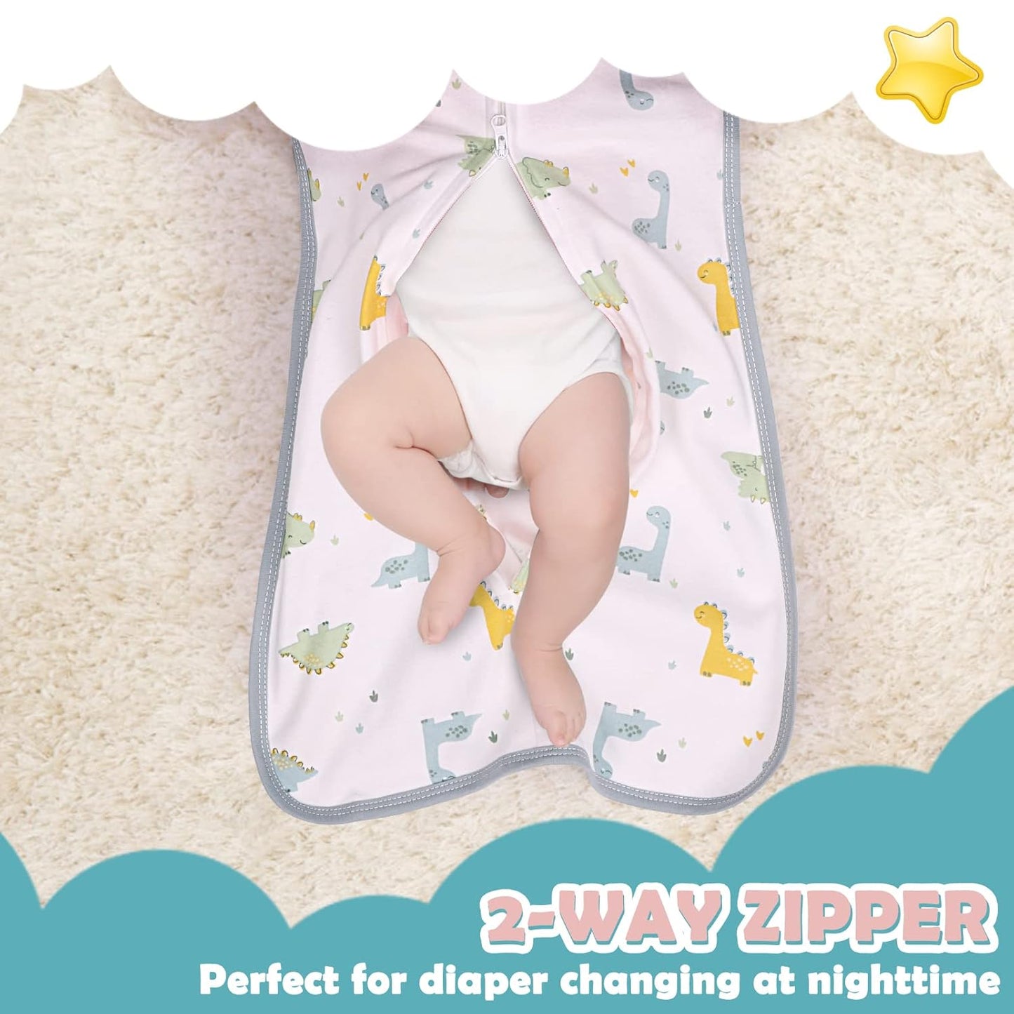 2 Pack Transition Swaddle with 2 Way Zipper, 2 in 1 Arms in/Out Transitional Arms Up Swaddle, 100% Cotton Newborn Swaddles Zipper Swaddles Baby Swaddling Sack Sleeping Sack 3-6 Months, Dinosaur & Bear