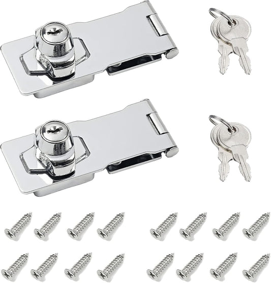 4 Inch Keyed Hasp Lock for Cabinets & Small Doors, Twist Knob Design, Heavy Duty Zinc Alloy with Chrome-Plated Iron, Includes Keys & Screws - Silver, 2 Pack