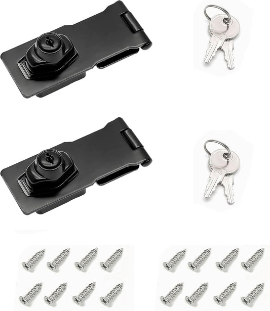 4 Inch Keyed Hasp Lock for Cabinets & Small Doors, Twist Knob Design, Heavy Duty Zinc Alloy with Chrome-Plated Iron, Includes Keys & Screws - Black, 2 Pack