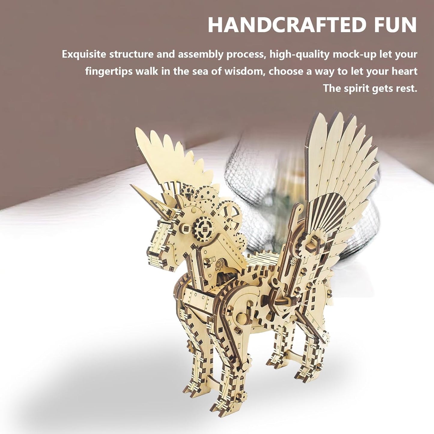 3D Wooden Unicorn Mechanical Horse Puzzle - DIY Brain Teaser Game - Educational Toy Kit - Eco-Friendly Construction - Perfect Desk Display Gift for Kids