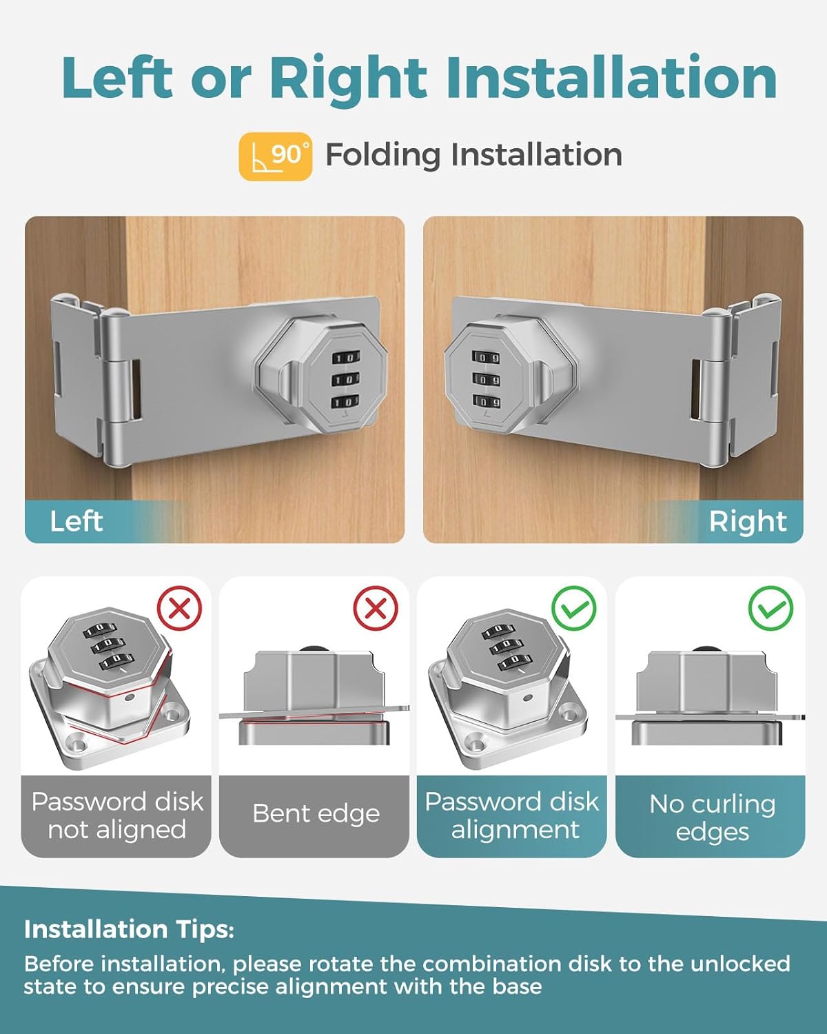 90 Degree Cabinet Combination Door Lock Latch, Zinc Alloy Password Rotary Hasp Lock, Keyless Folding Latches for Office File Cabinet, Drawers, Cupboard, Small Doors, Locker (1, Silver)